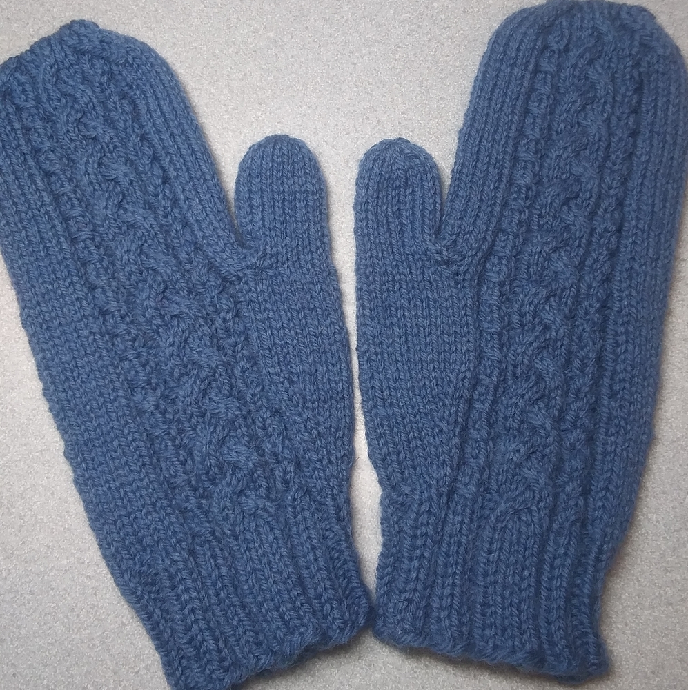 Dusty Blue Wool Mittens, Cables, Adult Size Large/Extra Large (Hand Knit)